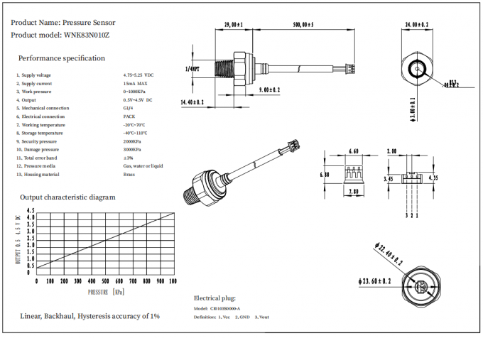 van de het Messingswaterpijp van 0.5-4.5V I2C de Druksensor met Kabelafzet 0